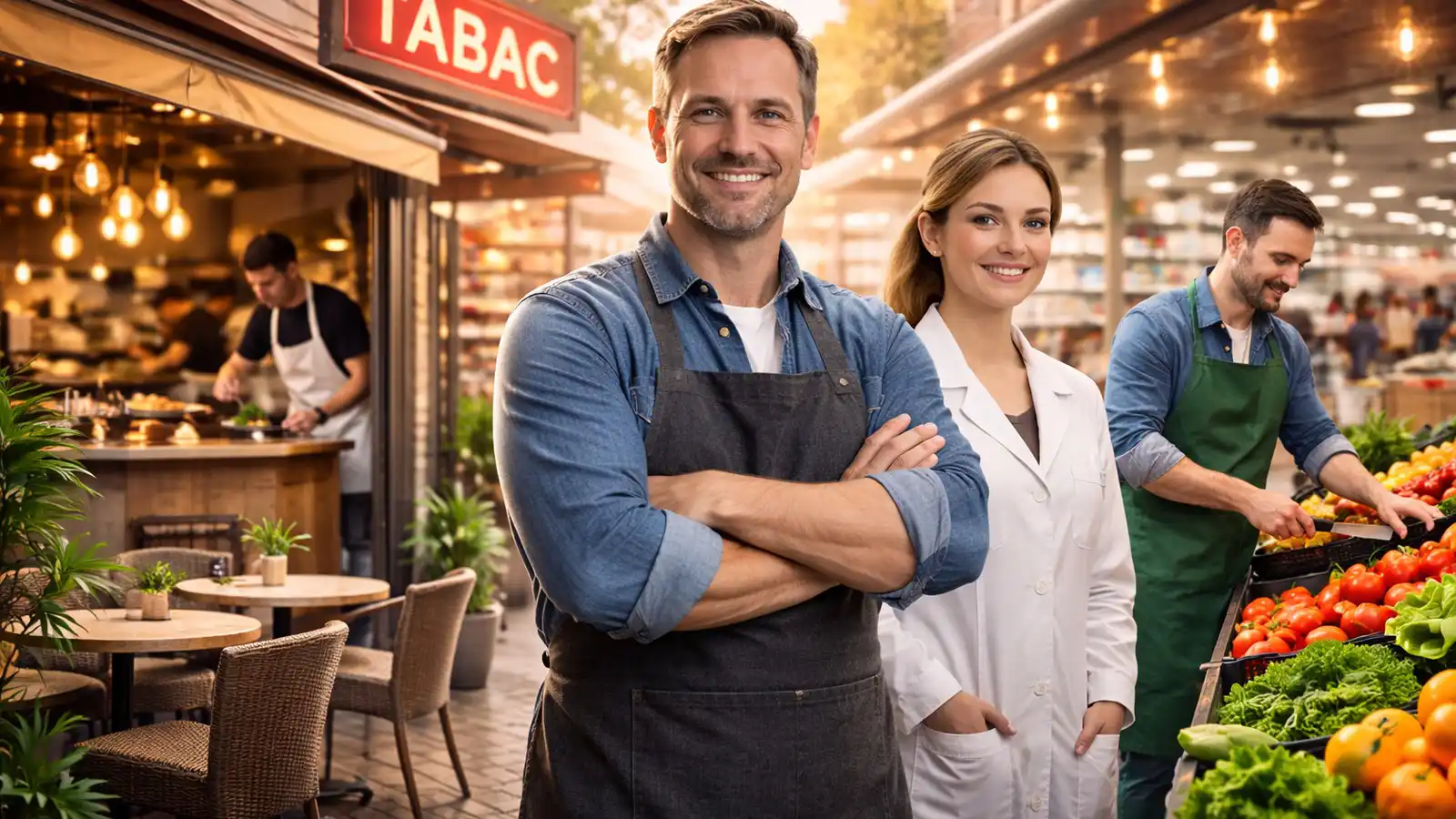 Equipe et comptoir de commerce pour illustrer la tresorerie d'entreprise